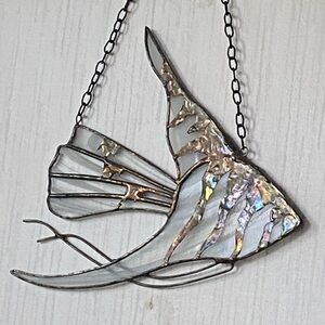 Vintage Stain Glass & Metal Angelfish  Suncatcher With Chain